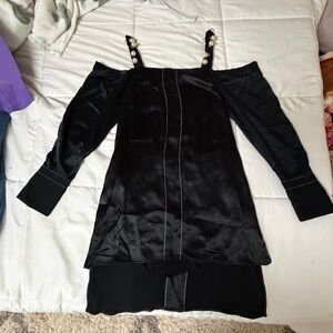 NWT! 3.1 Phillip Lim Black Cold Shoulder Mini Dress with Pearls Button.